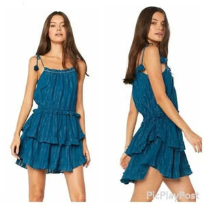 MISA Los Angeles Rosella Tiered Mini Dress Turquoise Blue Size Small Metallic